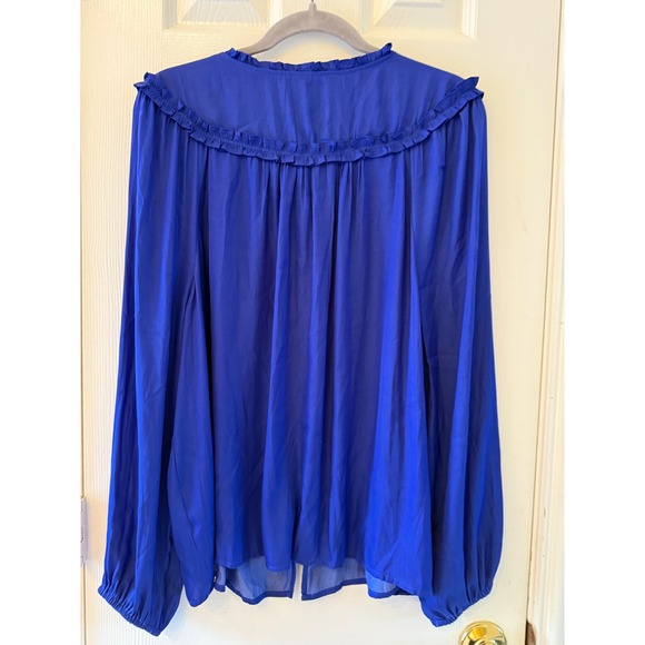 LOFT Ruffle Peasant Blouse XL Cobalt Blue Button Front Long Sleeve‎ Boho Top - Picture 5 of 7